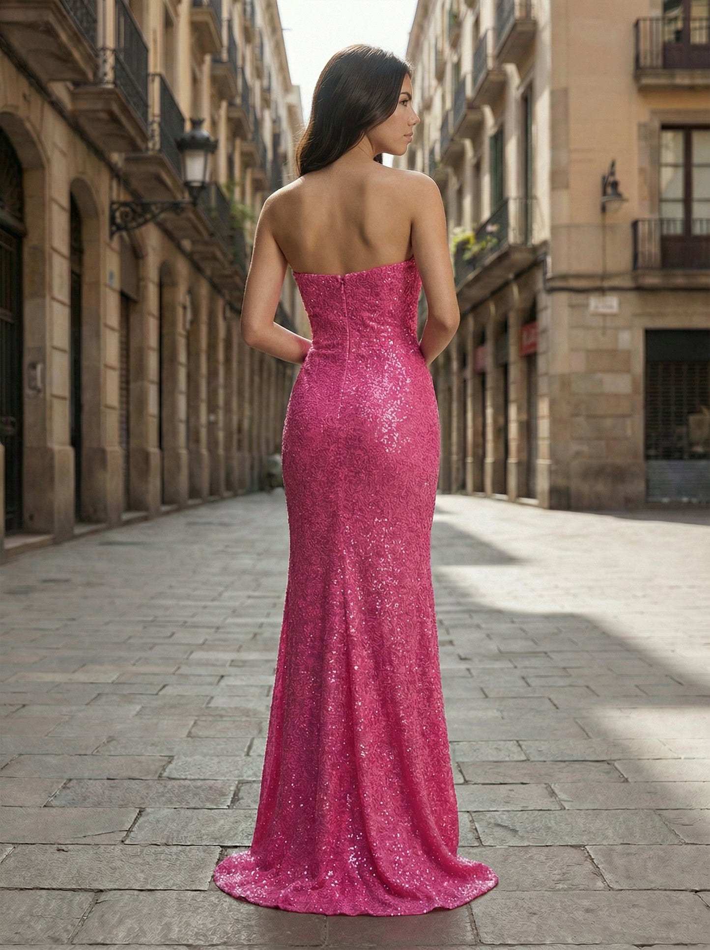 Hot Pink Sequin Strapless Mermaid Gown | High Slit Prom Dress with Train