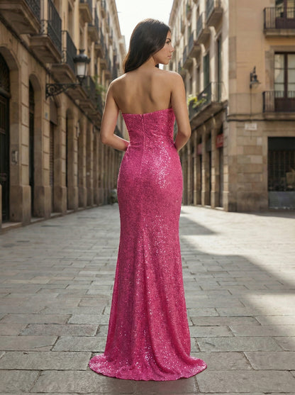 Hot Pink Sequin Strapless Mermaid Gown | High Slit Prom Dress with Train