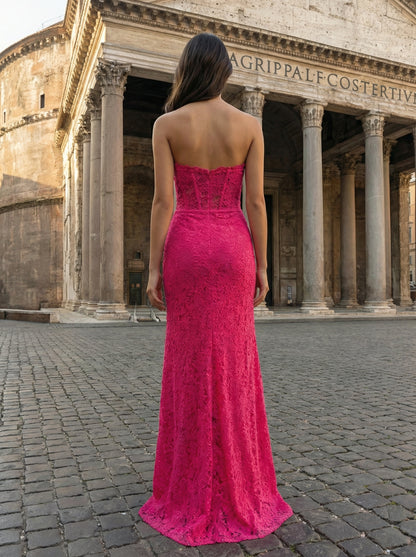 Hot Pink Lace Strapless Mermaid Gown | Sweetheart Neckline Prom Dress with High Slit