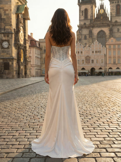Ivory Satin Mermaid Gown | Beaded Sweetheart Corset Prom Dress with High Slit
