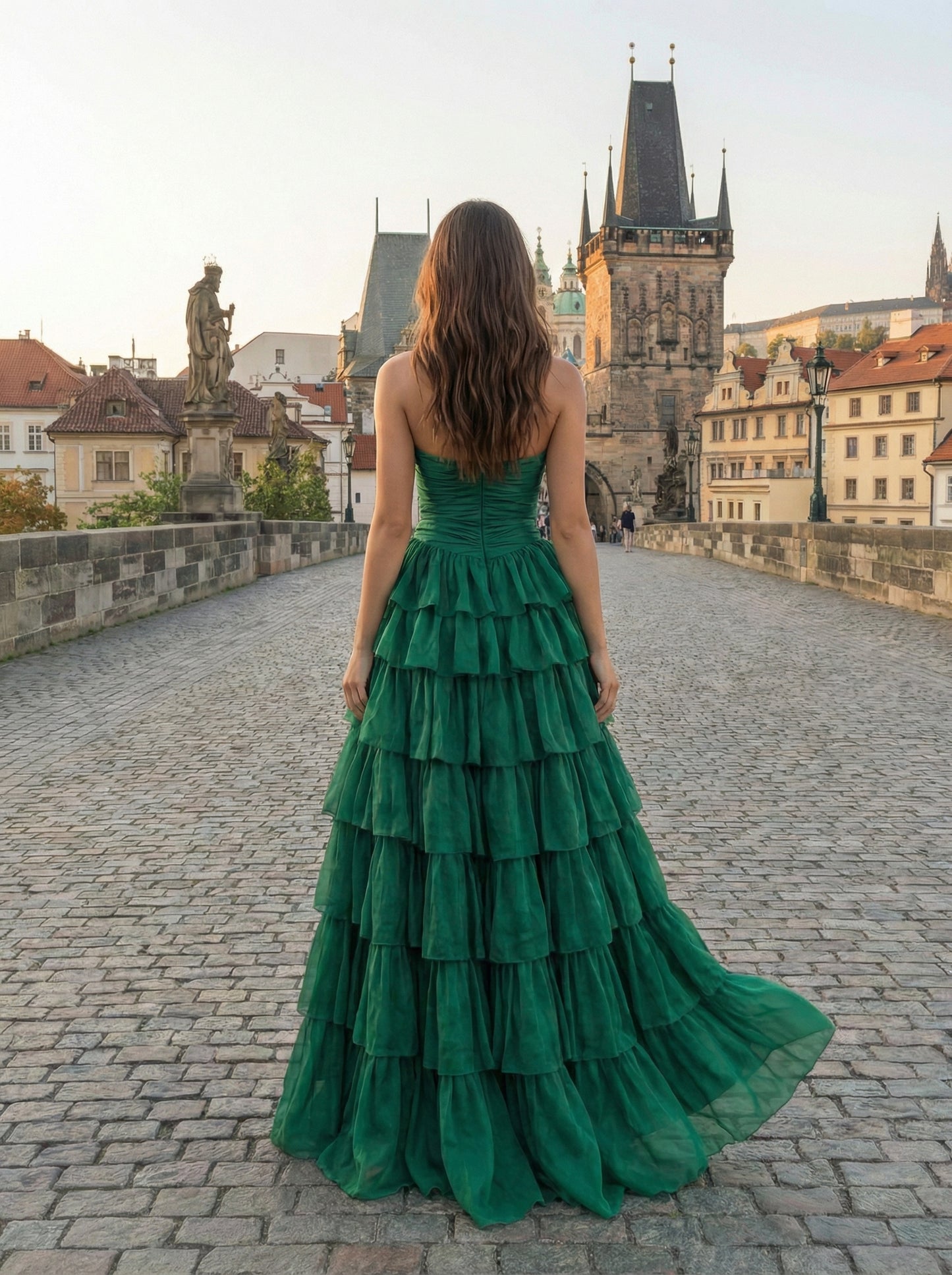 Emerald Green Tiered Ruffle Prom Dress | Sweetheart Neckline with High Slit