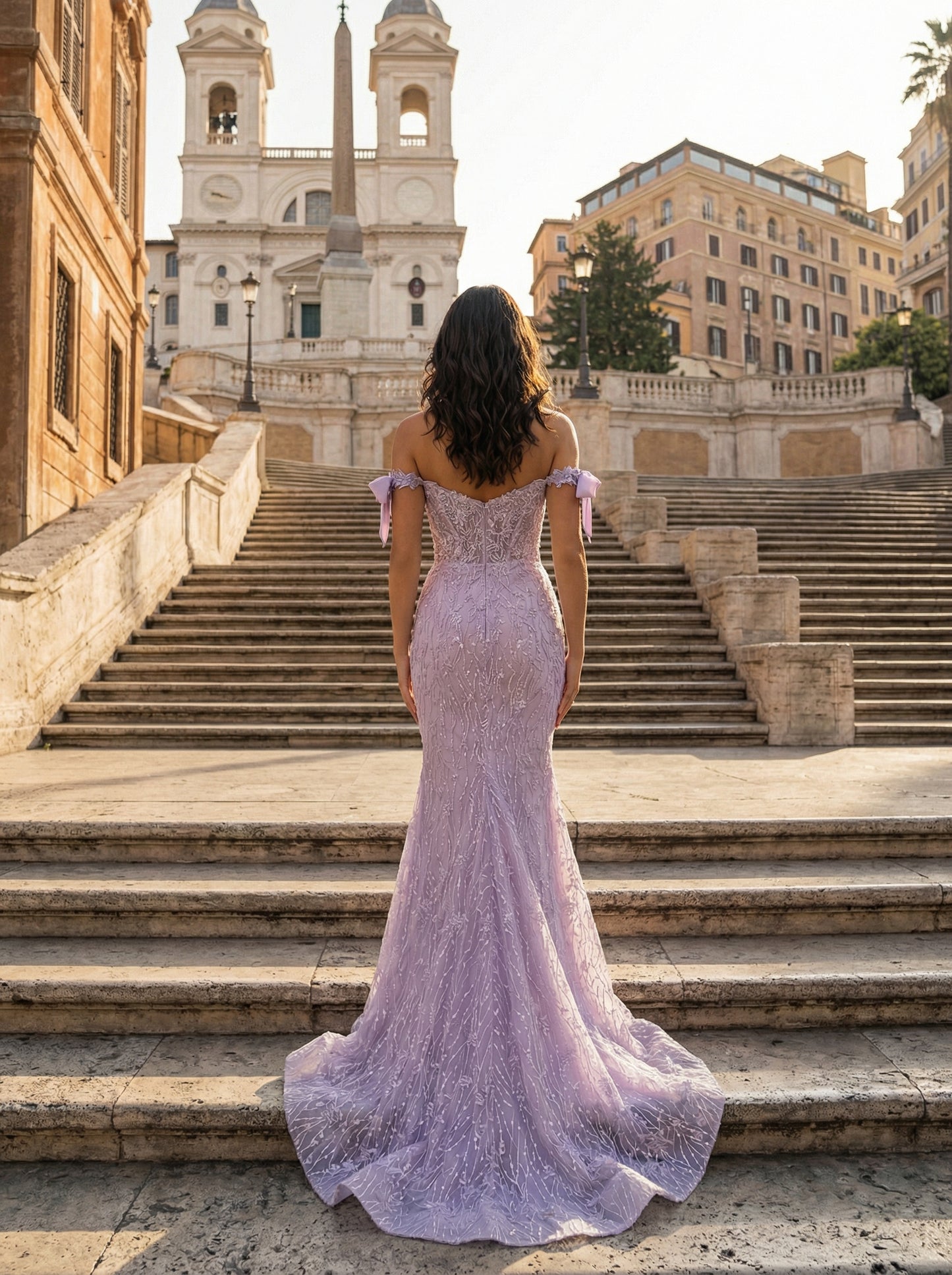 Lilac Lace Mermaid Prom Dress | Off-the-Shoulder Bow Strap Gown with Train