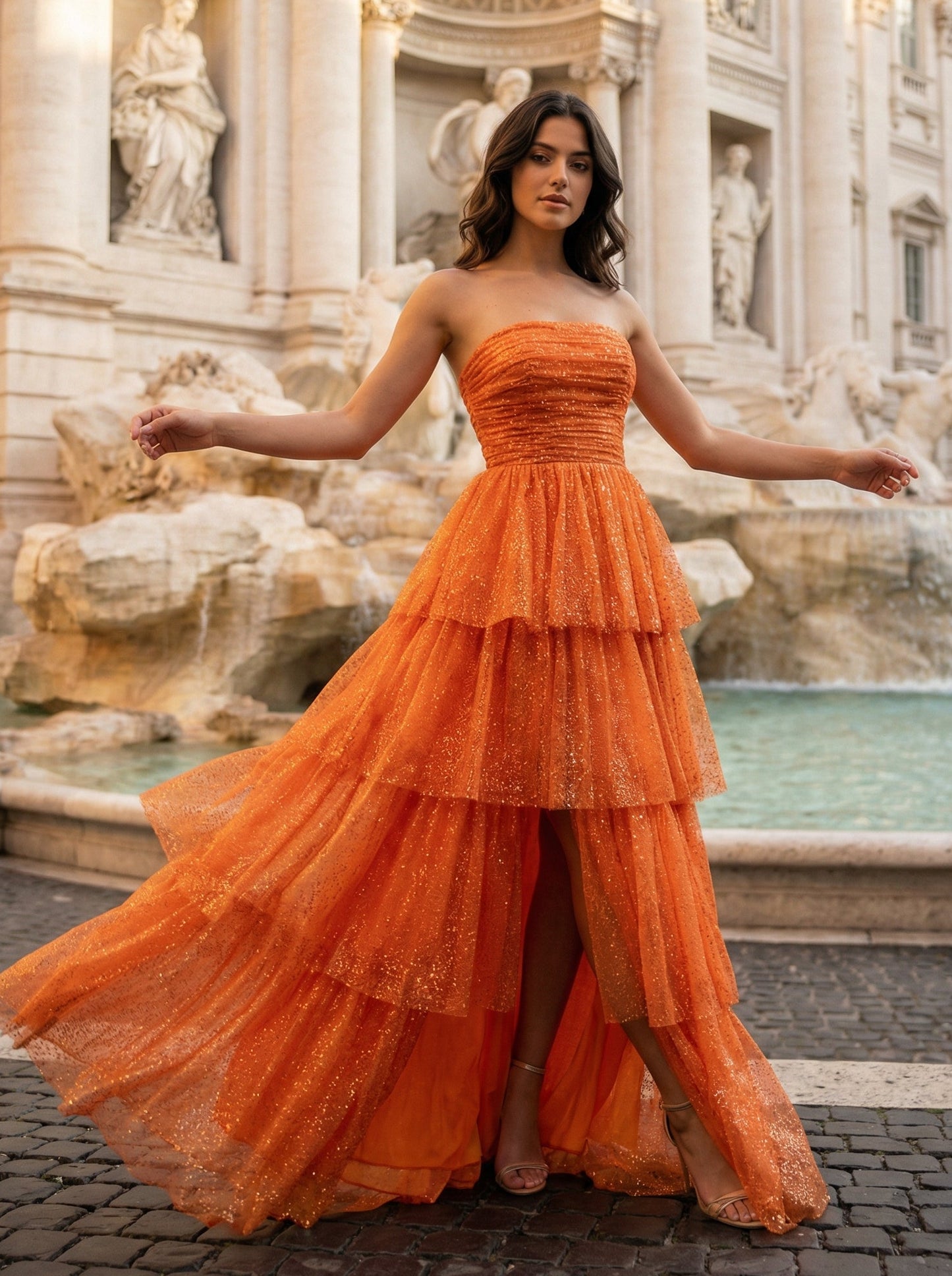 Orange Strapless Tiered Prom Dress | Sparkly Tulle High-Low Gown