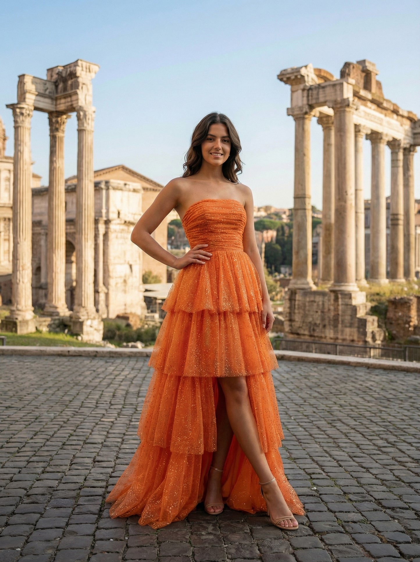 Orange Strapless Tiered Prom Dress | Sparkly Tulle High-Low Gown