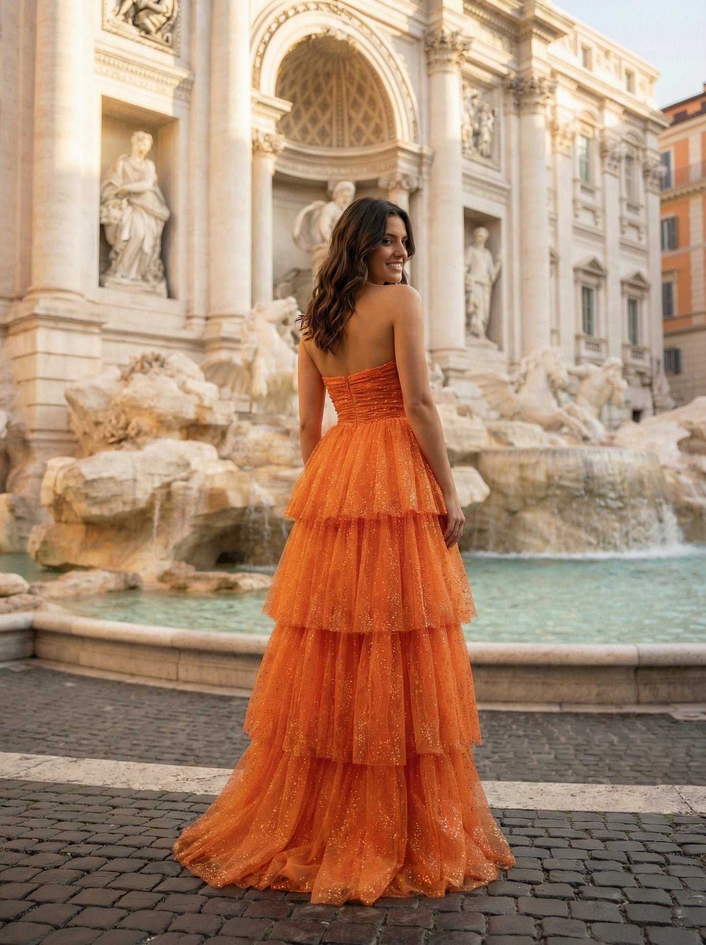 Orange Strapless Tiered Prom Dress | Sparkly Tulle High-Low Gown