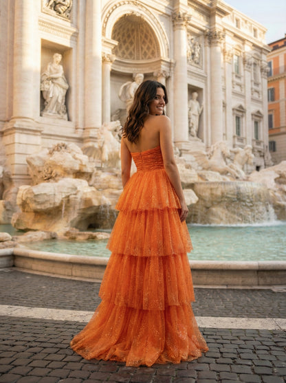 Orange Strapless Tiered Prom Dress | Sparkly Tulle High-Low Gown