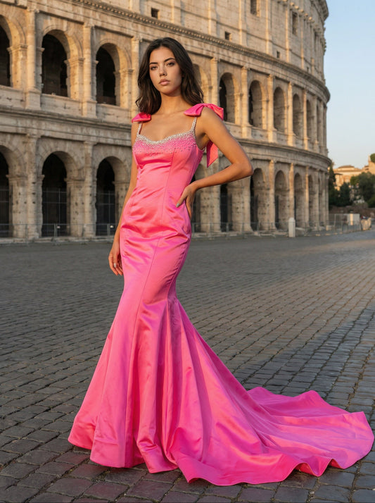 Hot Pink Satin Mermaid Prom Dress | Bow Strap Sweetheart Neckline with Train