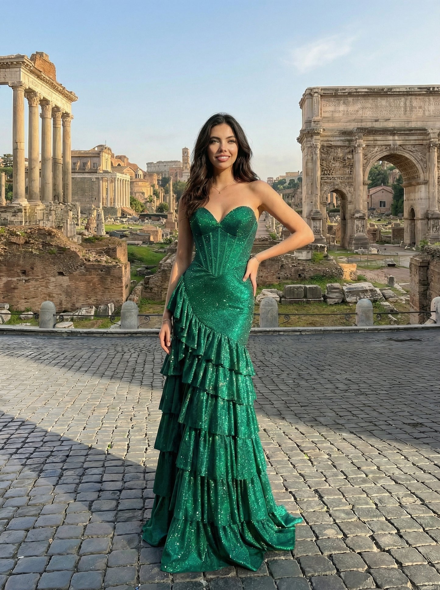 Emerald Green Strapless Mermaid Prom Dress | Glittery Tiered Ruffle Gown