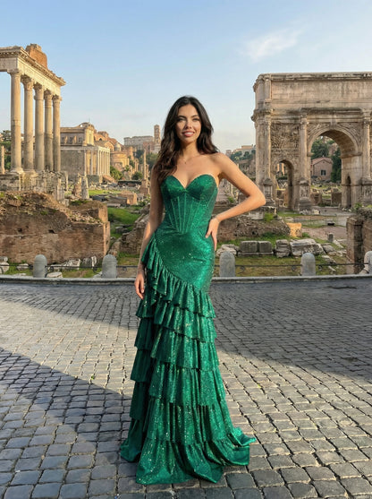 Emerald Green Strapless Mermaid Prom Dress | Glittery Tiered Ruffle Gown