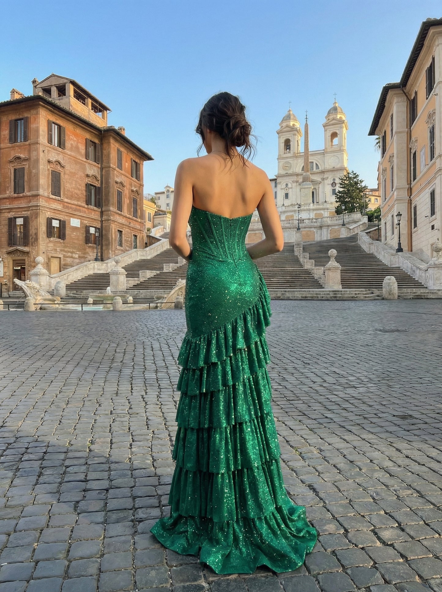 Emerald Green Strapless Mermaid Prom Dress | Glittery Tiered Ruffle Gown
