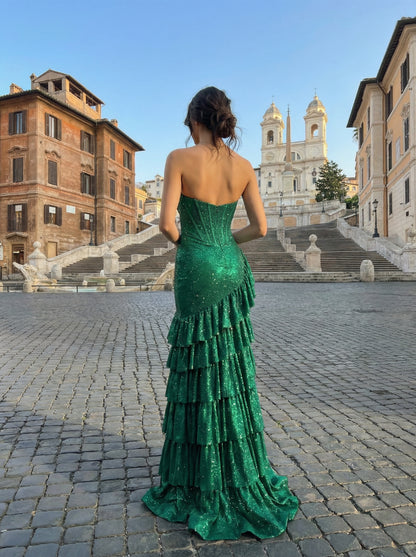 Emerald Green Strapless Mermaid Prom Dress | Glittery Tiered Ruffle Gown