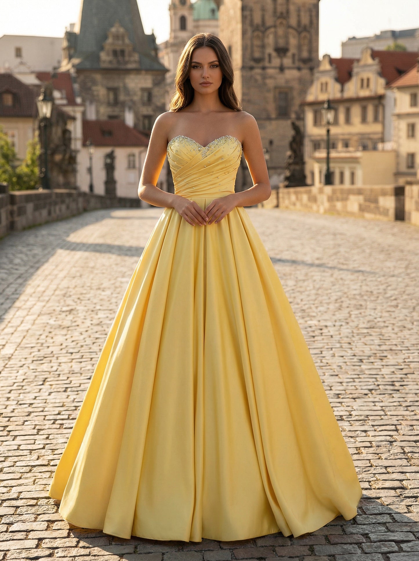Sunny Yellow Strapless Ball Gown | Embellished Satin Prom Dress
