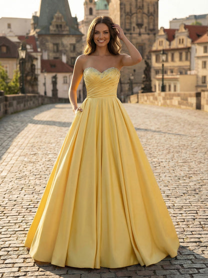 Sunny Yellow Strapless Ball Gown | Embellished Satin Prom Dress