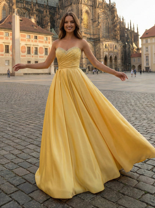 Sunny Yellow Strapless Ball Gown | Embellished Satin Prom Dress