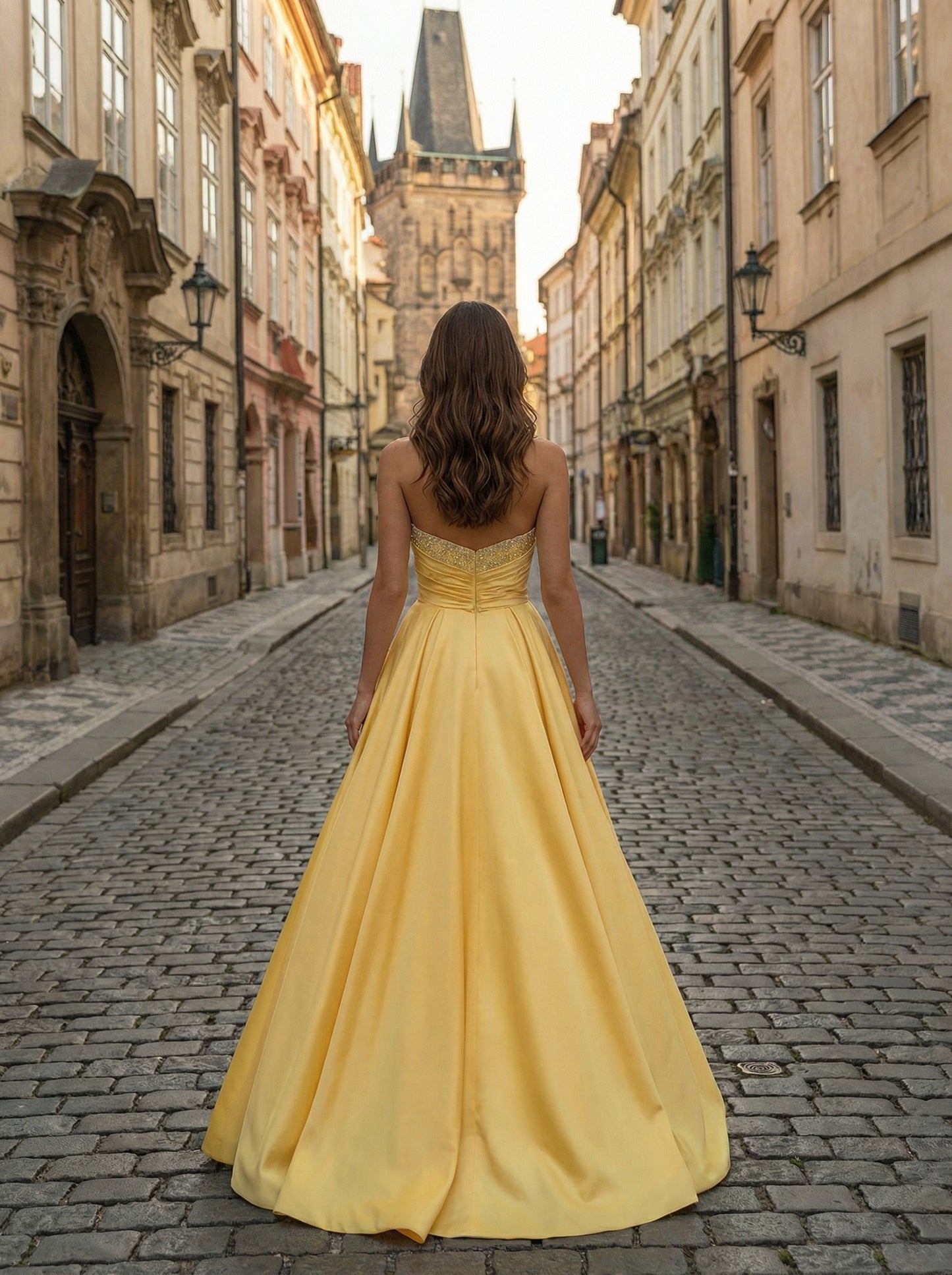 Sunny Yellow Strapless Ball Gown | Embellished Satin Prom Dress