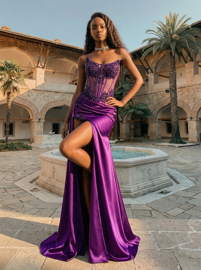 A-Line Side Slit  Prom Dress Beaded Sleeveless Zipper-up Charming Long Formal Dress