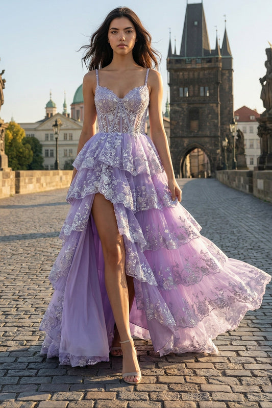 Gorgeous Purple Sweetheart Lace Prom Dress Spaghetti Straps Tiered Quinceanera Gown