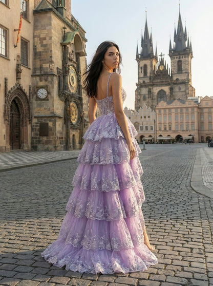 Gorgeous Purple Sweetheart Lace Prom Dress Spaghetti Straps Tiered Quinceanera Gown