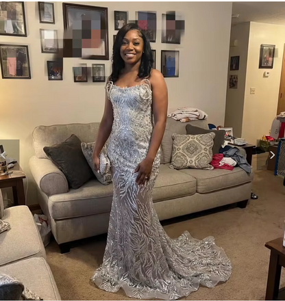 Silver Sparkle Beaded Mermaid Court Train Sweetheart Sleeveless Prom Dresses