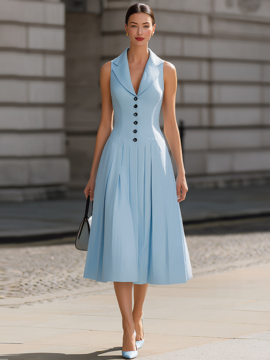 Light Blue Sleeveless Blazer V-Neck Pleated Midi Dress