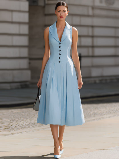 Light Blue Sleeveless Blazer V-Neck Pleated Midi Dress