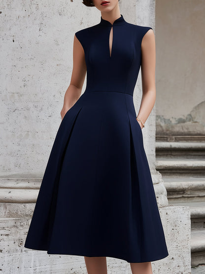 Elegant High-Neck Sleeveless A-Line Midi Dress
