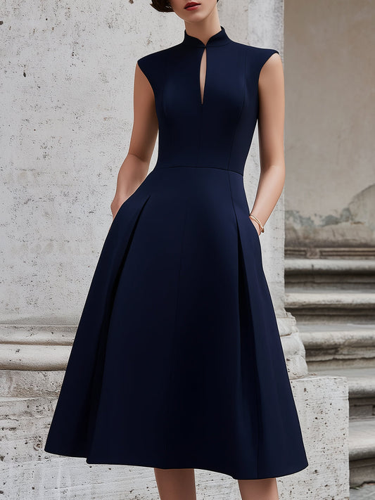Elegant High-Neck Sleeveless A-Line Midi Dress