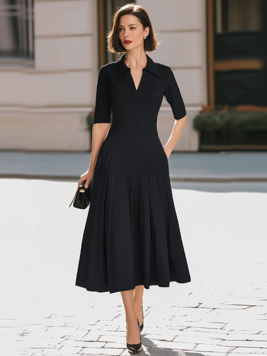 Black Shirt Collar V-Neck Pleated Midi Dress With Pockets