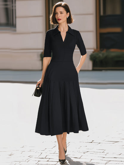 Black Shirt Collar V-Neck Pleated Midi Dress With Pockets