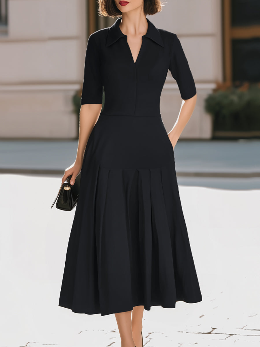 Black Shirt Collar V-Neck Pleated Midi Dress With Pockets