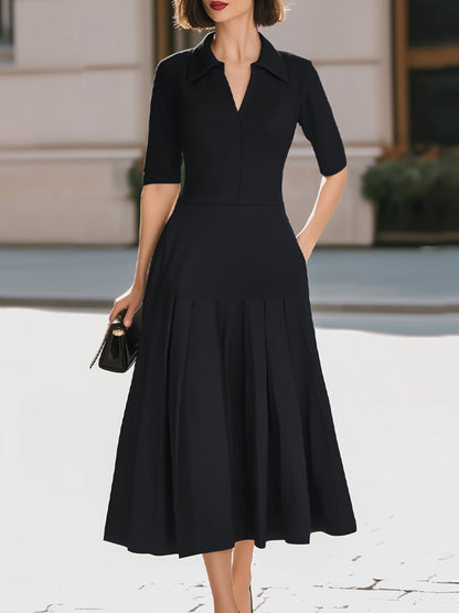 Black Shirt Collar V-Neck Pleated Midi Dress With Pockets