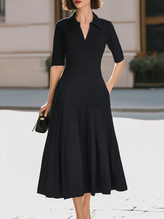 Black Shirt Collar V-Neck Pleated Midi Dress With Pockets