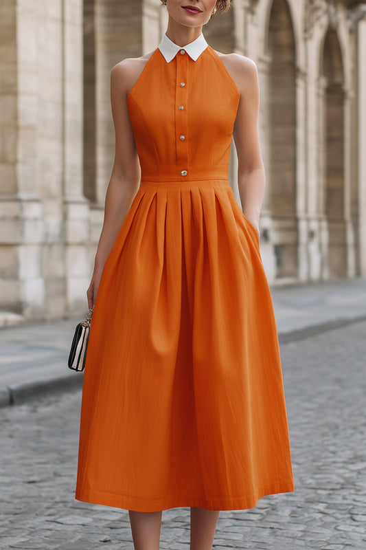 White Halter Neck Shirt-Style Pleated Midi Dress With Pockets