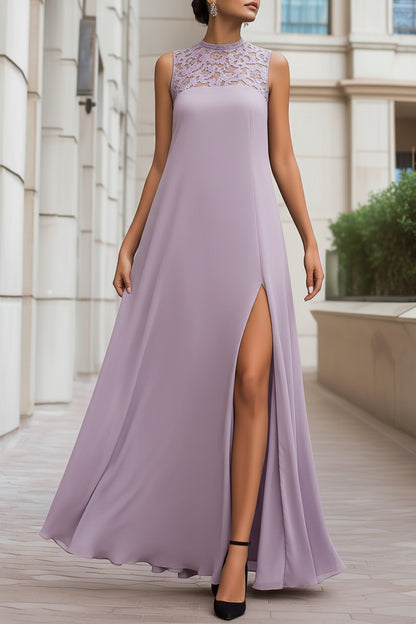 Lace Yoke High-Neck Flowing Maxi Dress