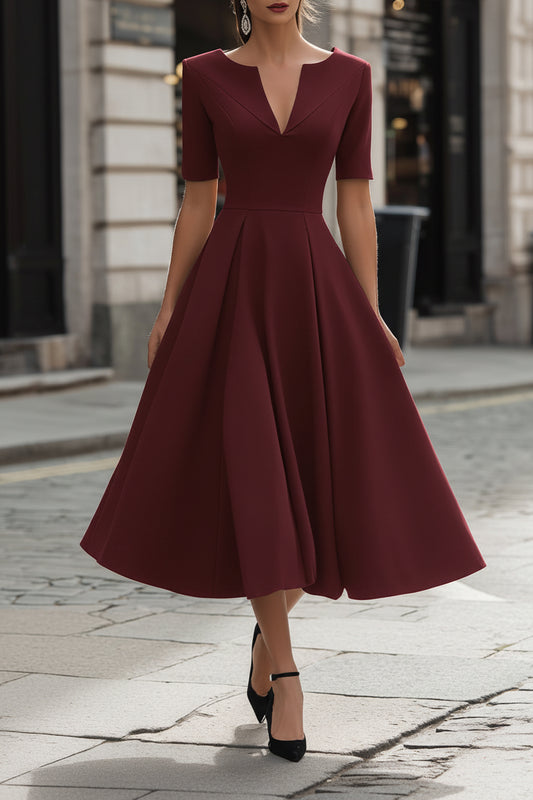 V-Neck Pleated A-Line Midi Dress