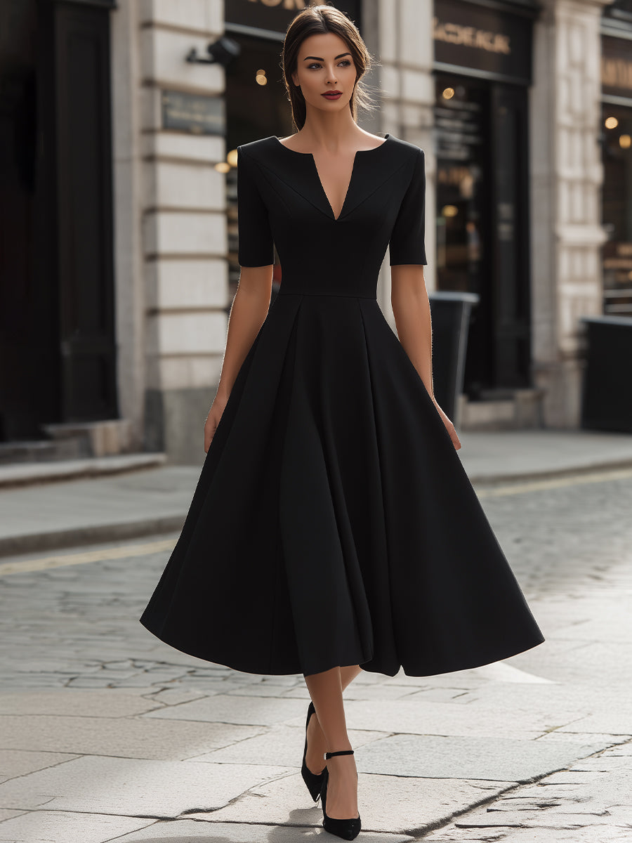 V-Neck Pleated A-Line Midi Dress