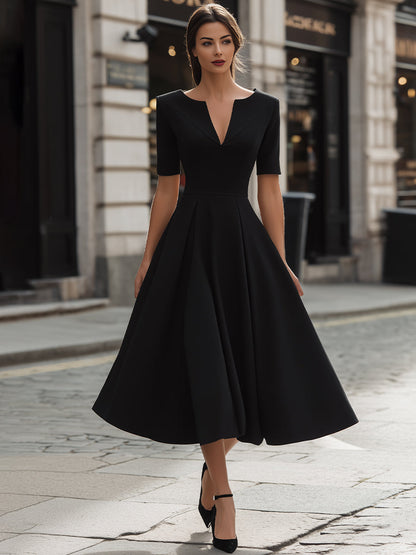 V-Neck Pleated A-Line Midi Dress