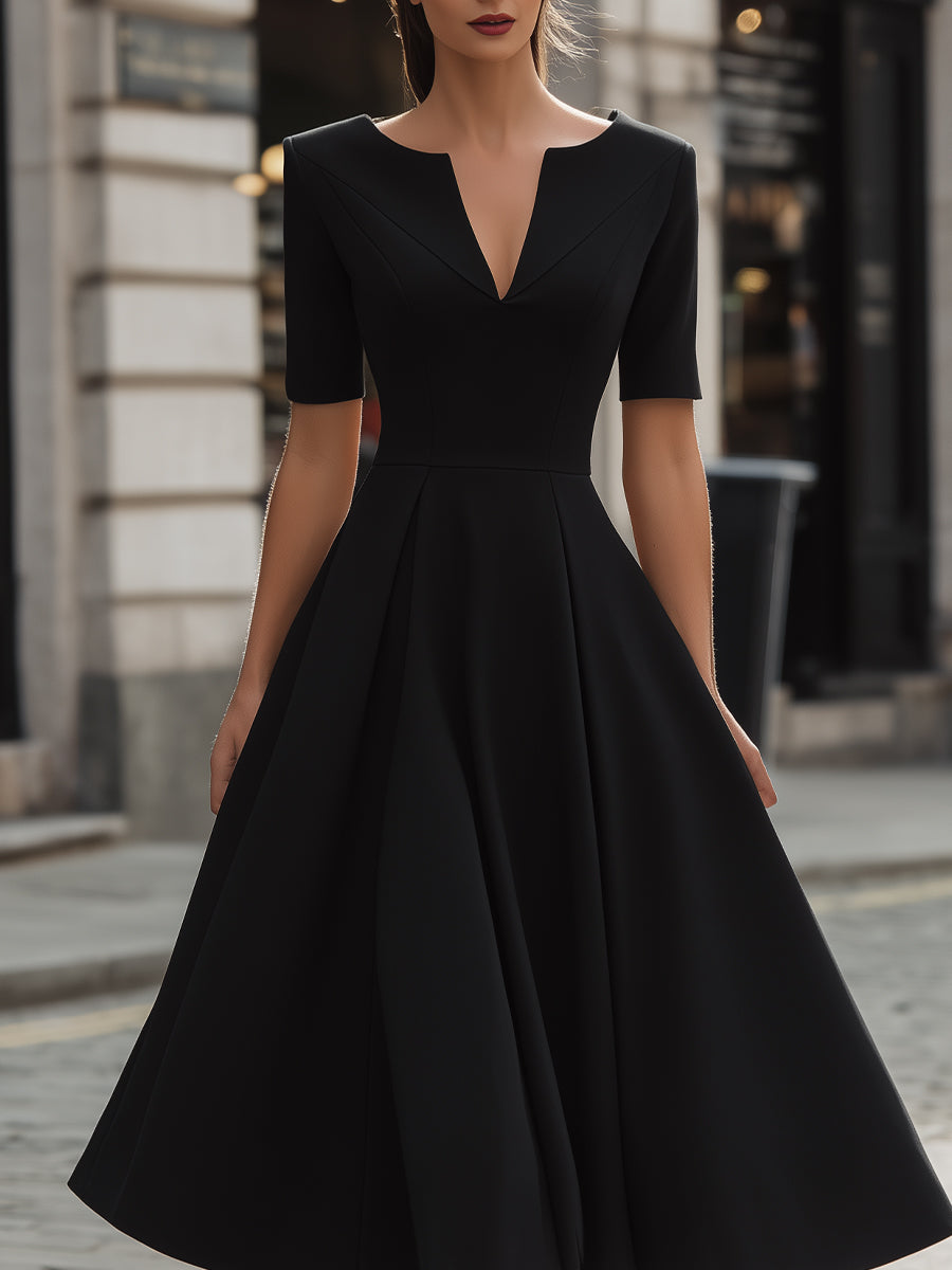 V-Neck Pleated A-Line Midi Dress