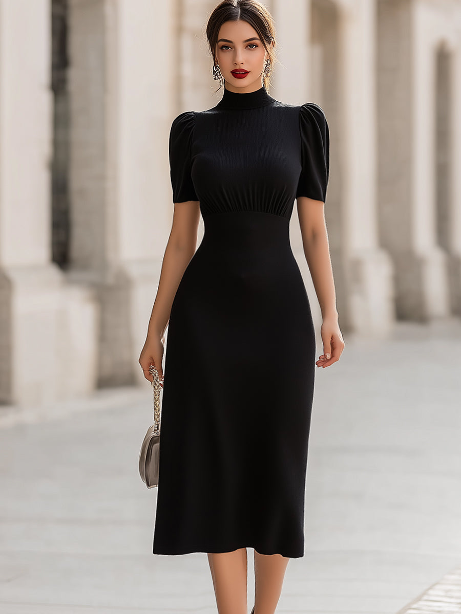 Turtleneck Puff Sleeve Ruched Waist Midi Dress