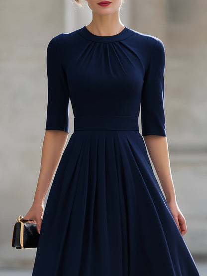 Navy Blue Pleated Round Neck Elbow-Sleeve Fit-and-Flare Midi Dress