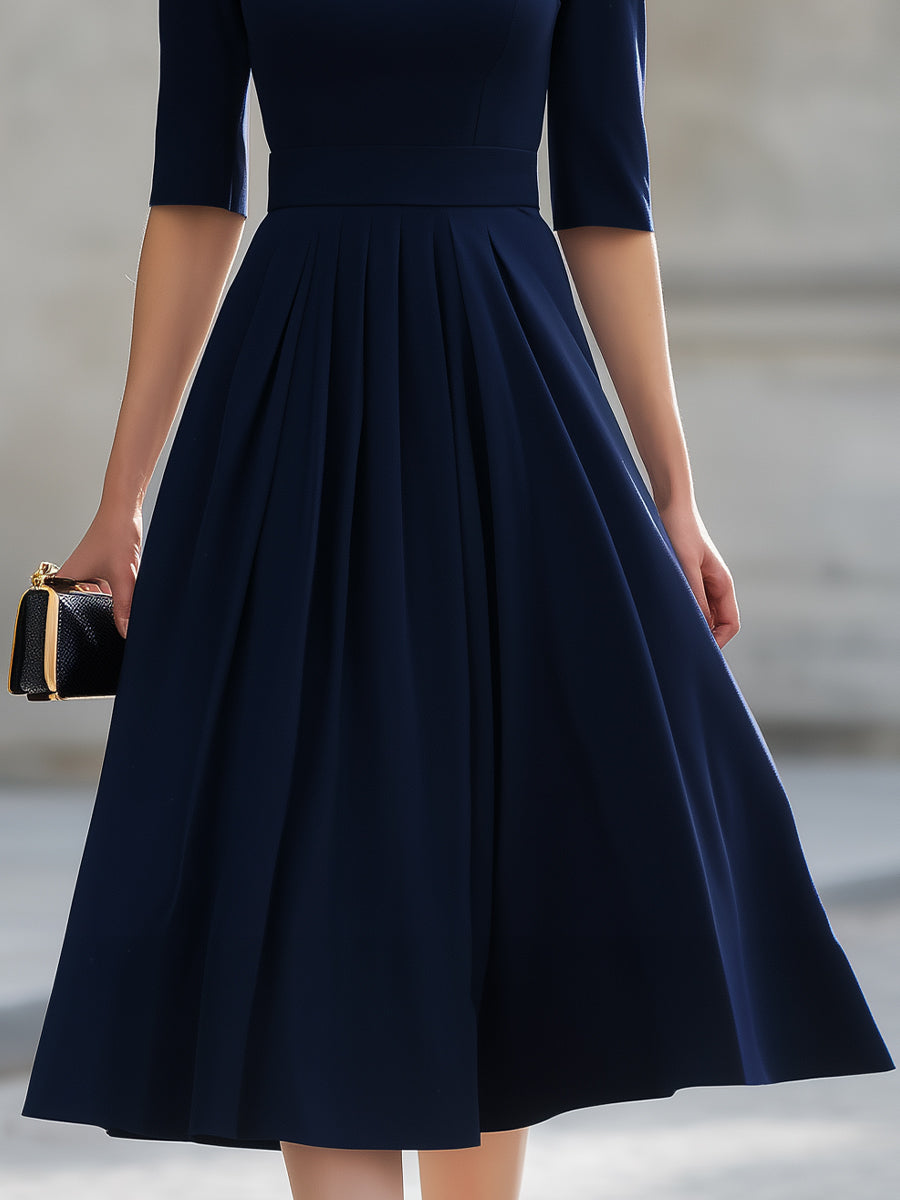 Navy Blue Pleated Round Neck Elbow-Sleeve Fit-and-Flare Midi Dress