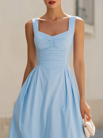 Light Blue Square Neck Ruched Fit-and-Flare Midi Dress