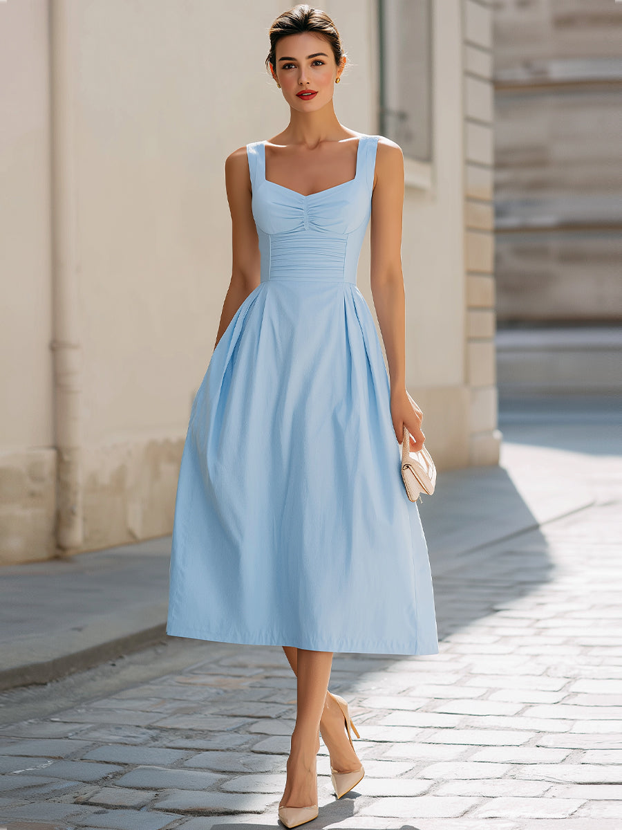 Light Blue Square Neck Ruched Fit-and-Flare Midi Dress