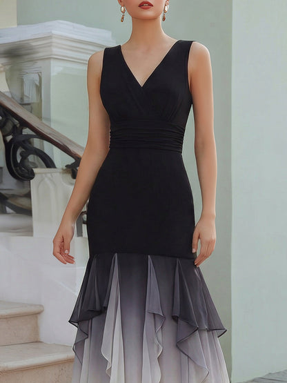 V-Neck Gradient Ruffle Hem Maxi Dress