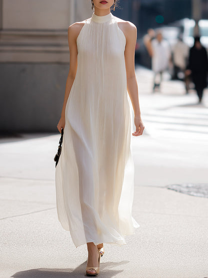 Halter High-Neck Pleated Flowing Maxi Dress