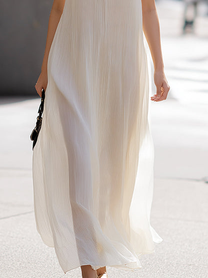 Halter High-Neck Pleated Flowing Maxi Dress