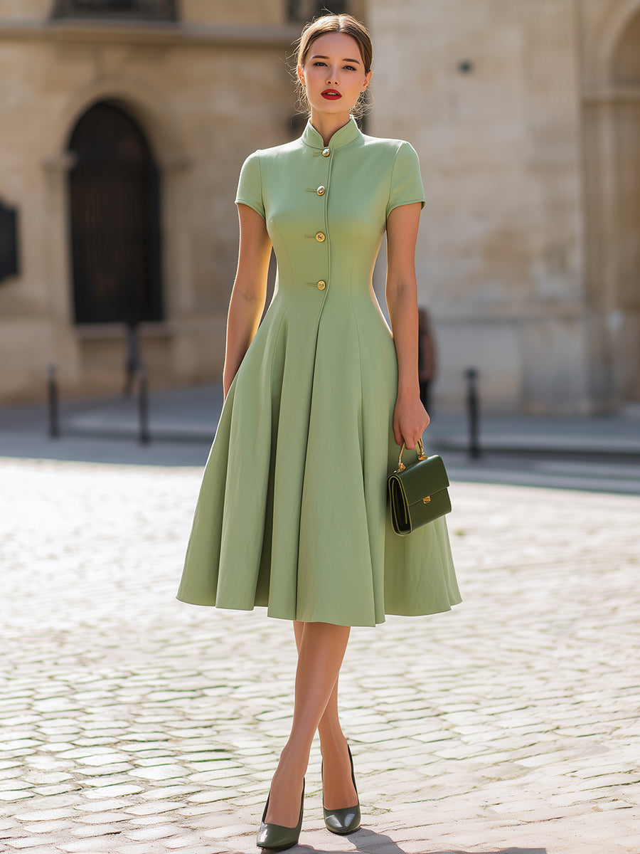 Mandarin Collar Short Sleeve Gold Button Flared A-Line Midi Dress