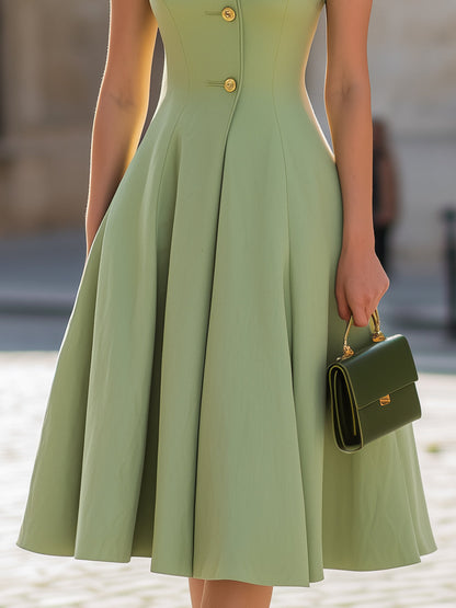Mandarin Collar Short Sleeve Gold Button Flared A-Line Midi Dress