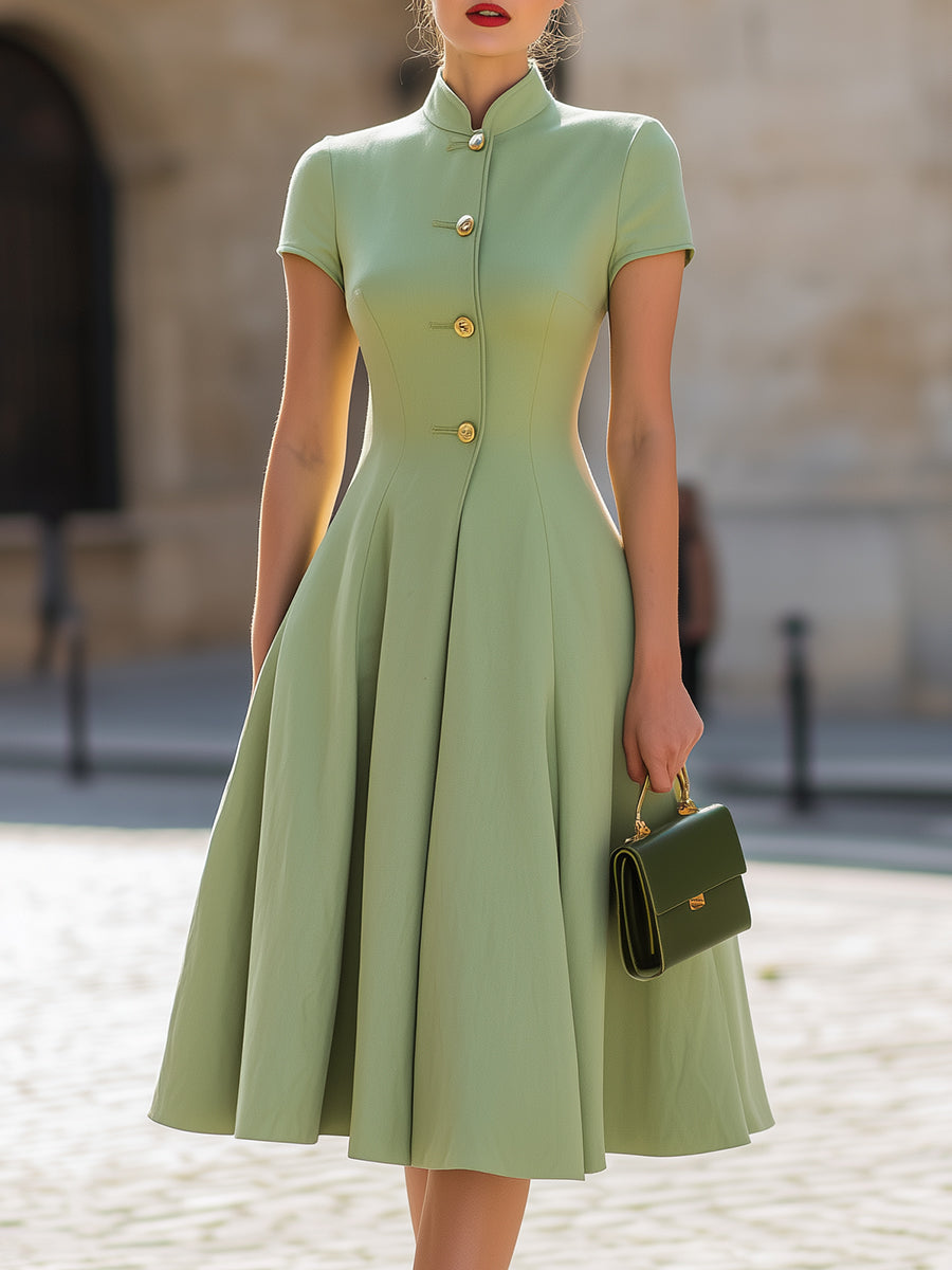 Mandarin Collar Short Sleeve Gold Button Flared A-Line Midi Dress
