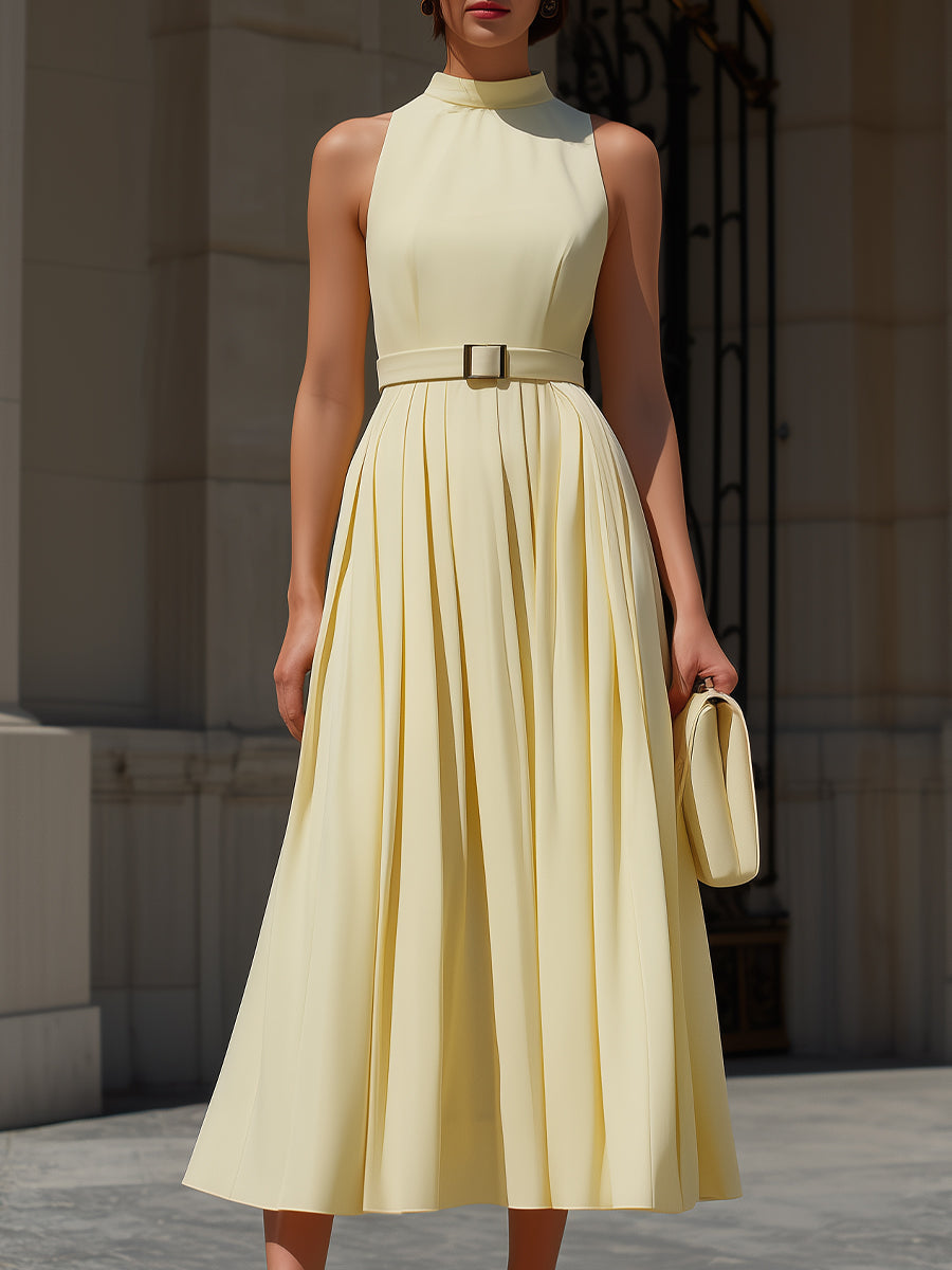 Pale Yellow Halter Neck Sleeveless Belted Pleated A-Line Midi Dress